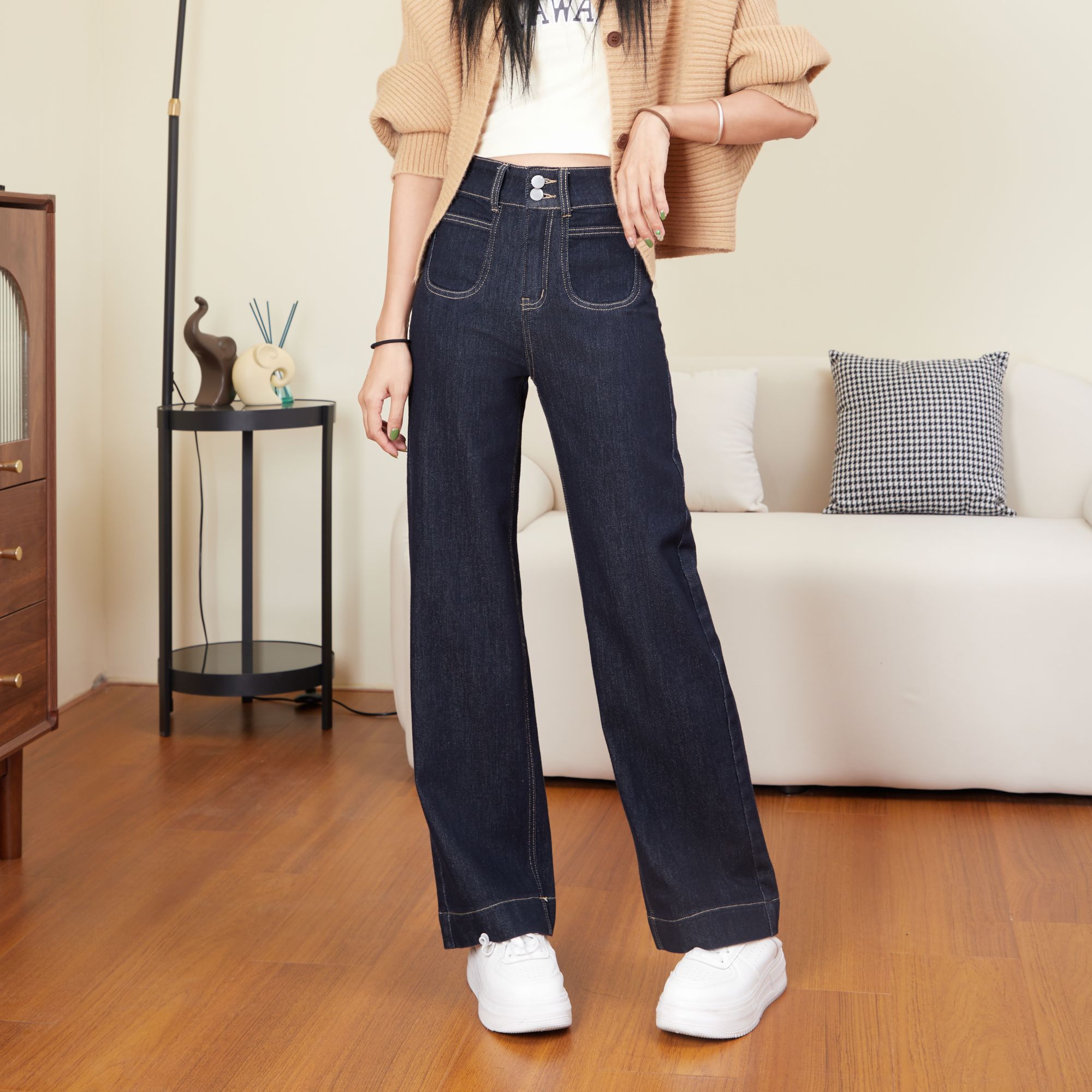 秋冬加厚防冷牛仔长裤显瘦高腰直筒裤女时尚弹力显瘦牛仔裤女百搭