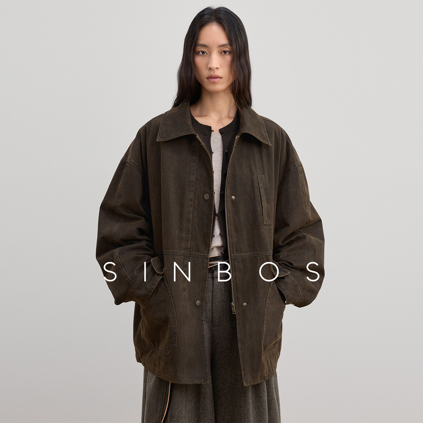 SINBOS沿海公路 水洗翻领工装白鸭绒中长款羽绒服女2025冬季新款