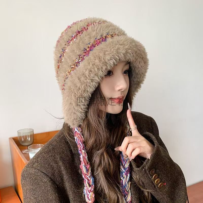 新款条纹毛绒毛线帽蛋挞帽子秋冬新款韩版长女加绒加厚防风一体