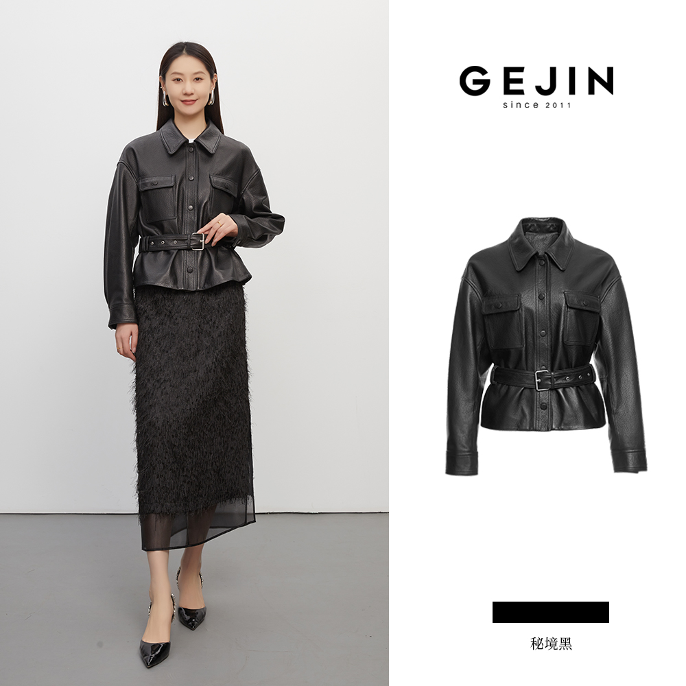 GEJIN/歌锦时尚新款设计极简风方领气质皮衣秋冬夹克9332570446
