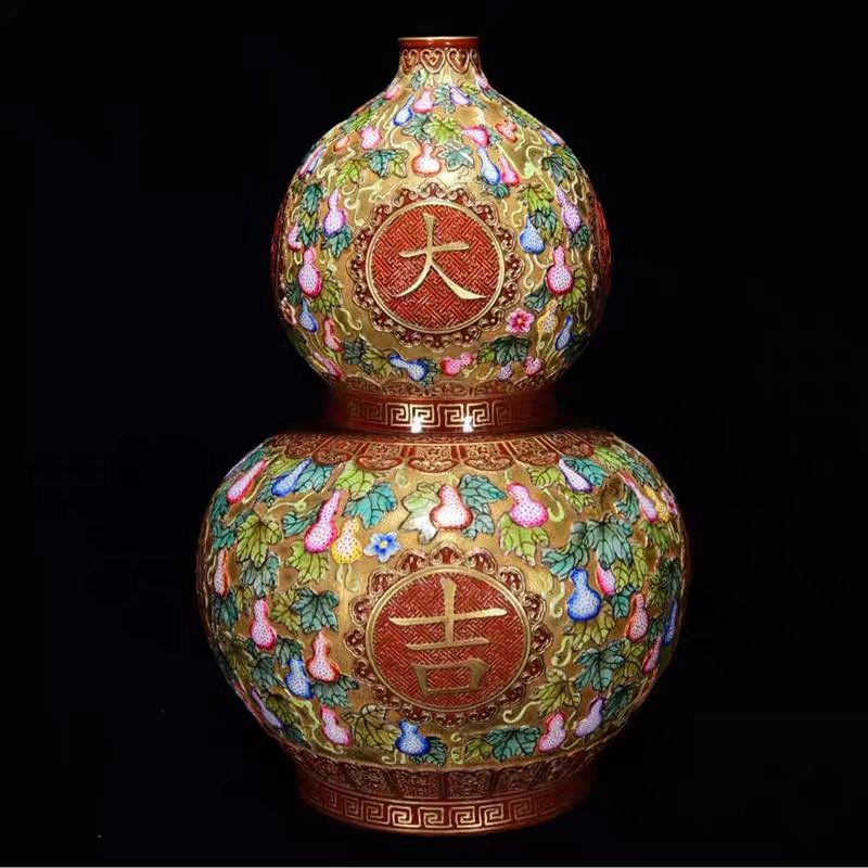 景德镇高端陶瓷浮雕大吉大利葫芦瓷瓶