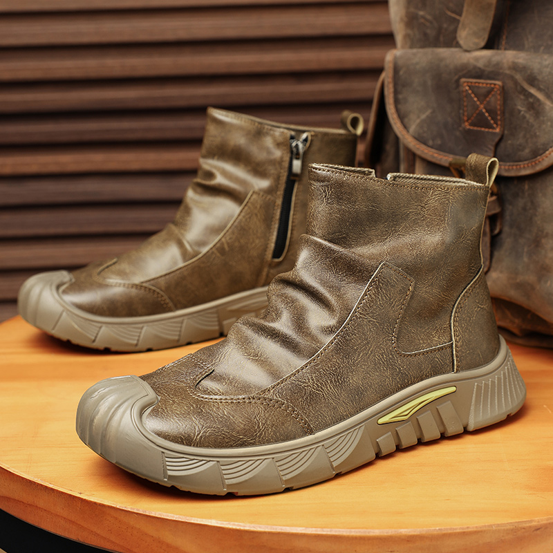 新款男鞋2025夏季拉链马丁靴复古亮面潮流休闲百搭高帮潮鞋RS55