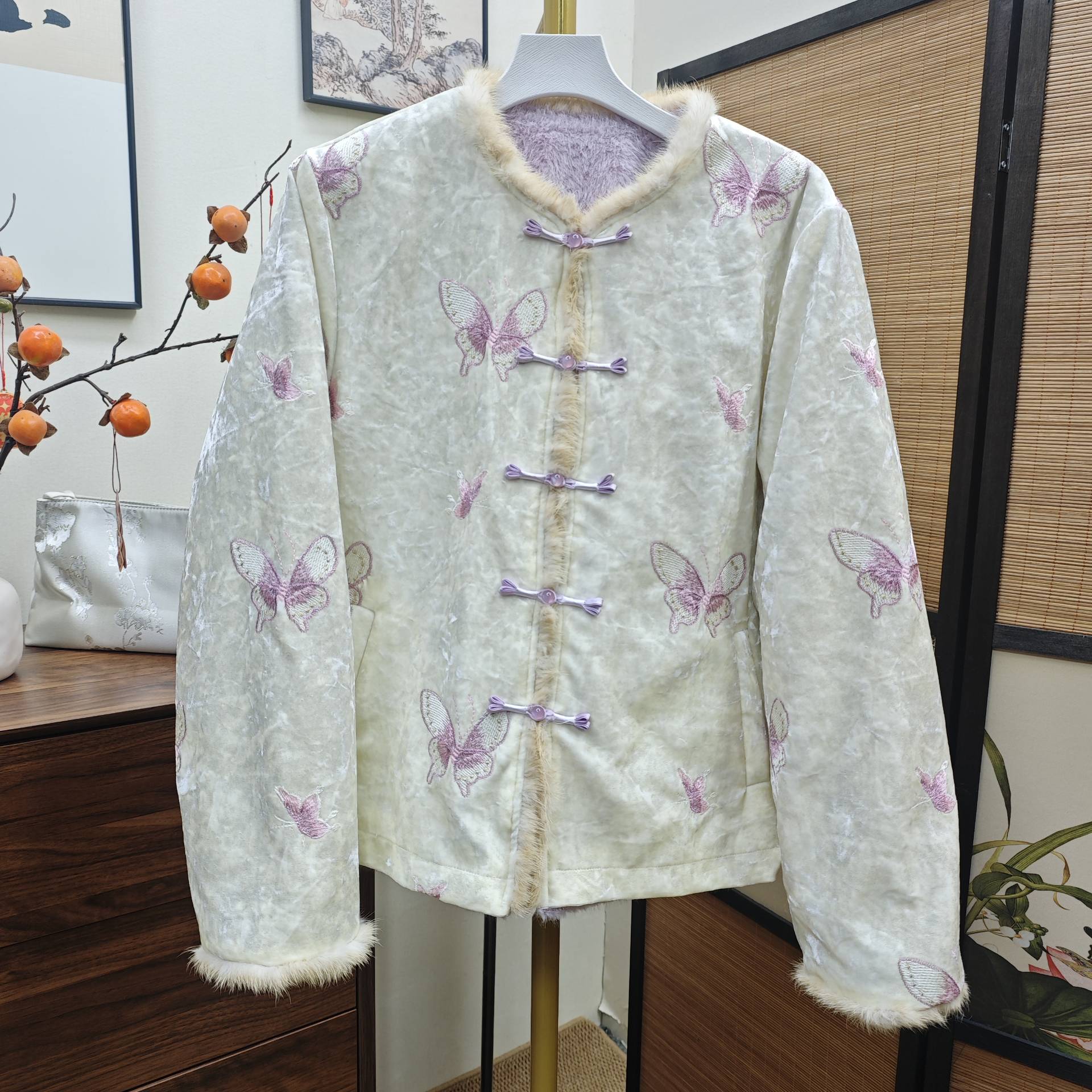 冬季新中式保暖女重工棉衣秋冬短外套系扣免烫