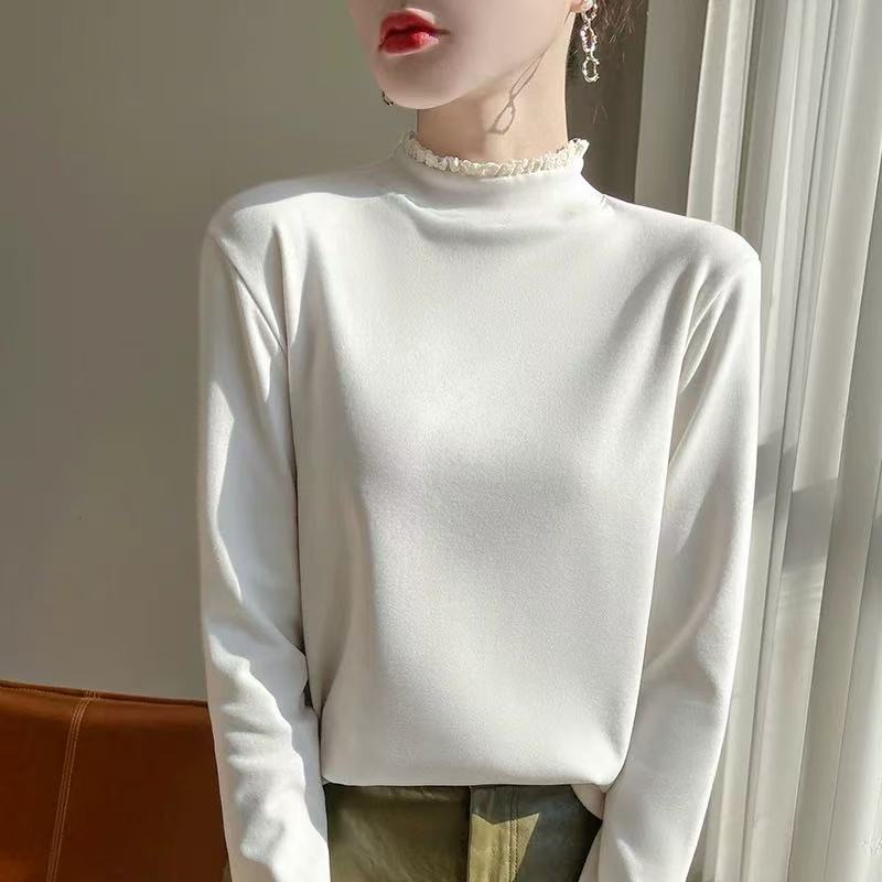 秋冬季气质显瘦木耳边半高领德绒加厚高弹长袖打底衫上衣10178