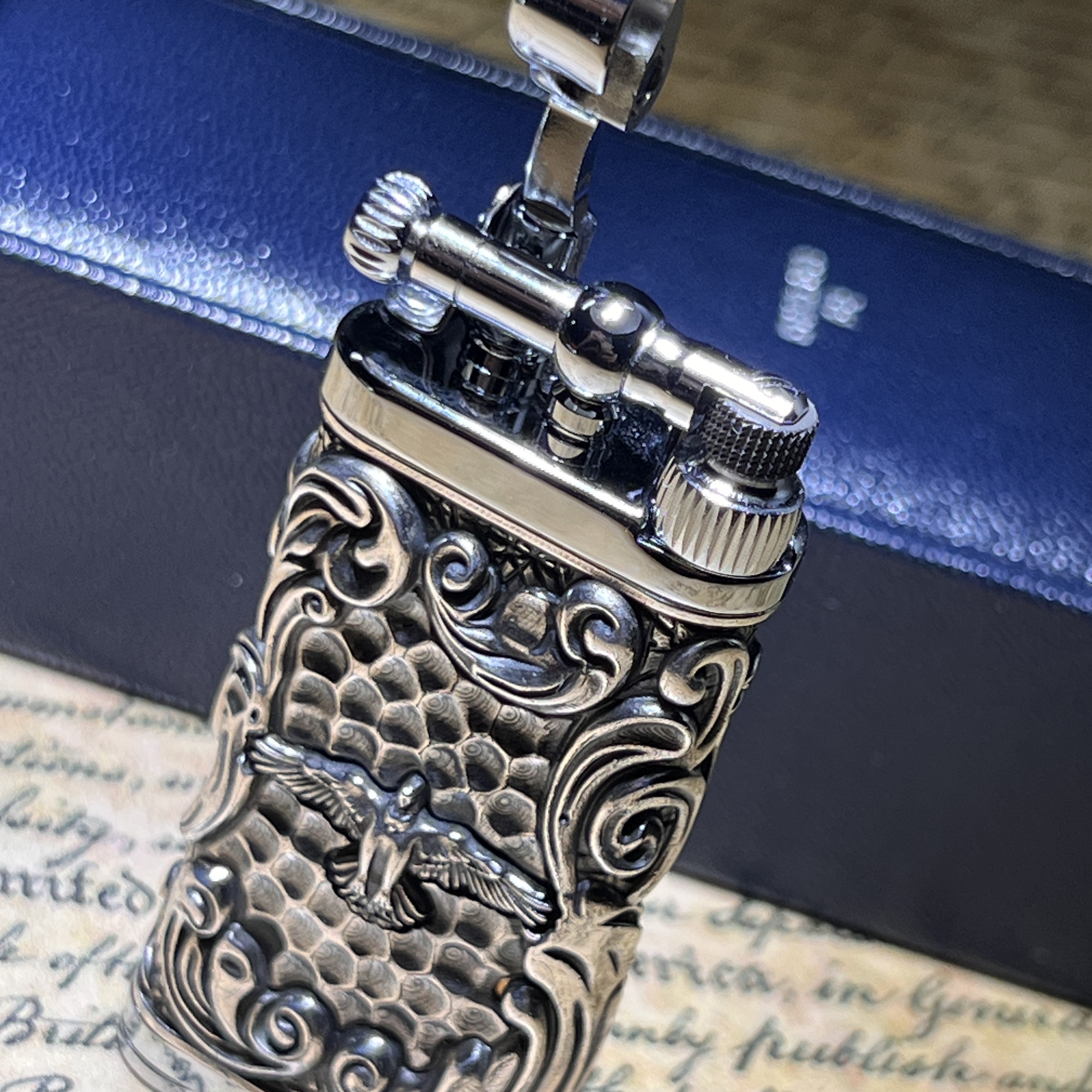 精品雄鹰外壳925银机壳烟斗专用斜火充气打火机十字锚同款机芯