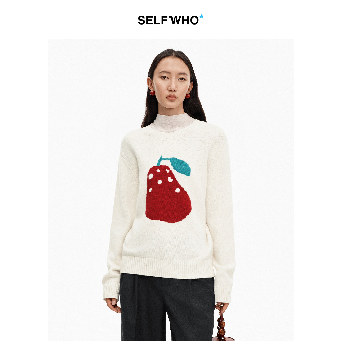 SELFWHO绵羊毛撞色红色梨圆领毛衣女2025冬新款直筒宽松针织上衣