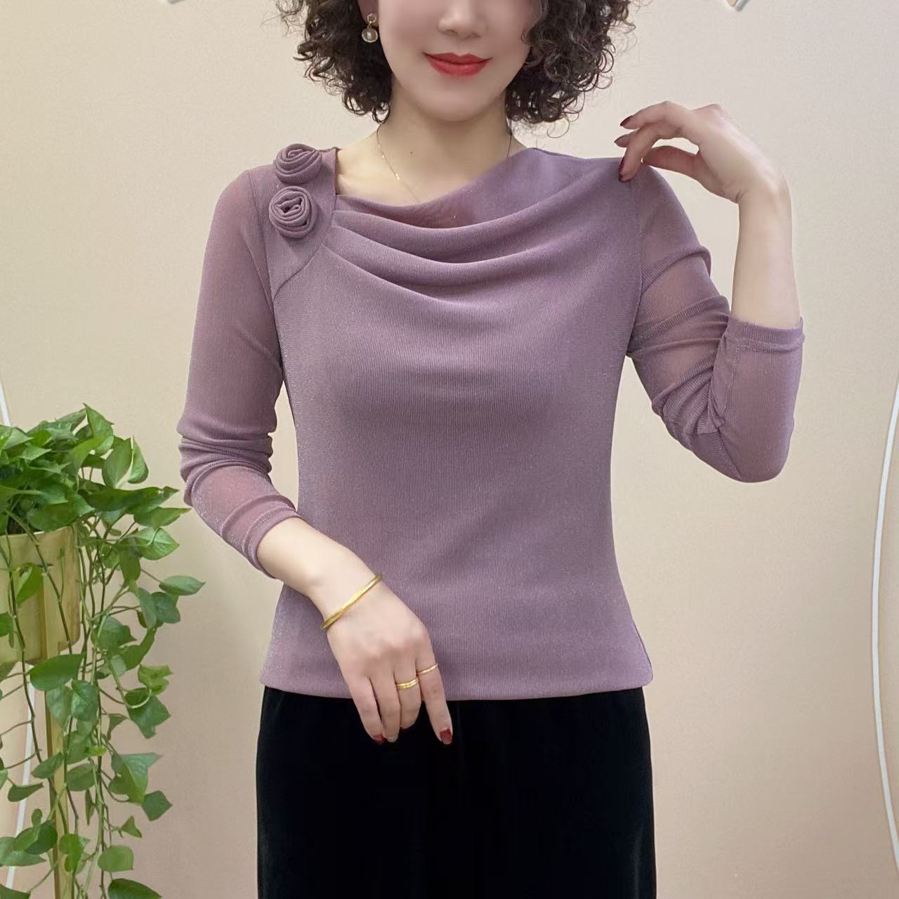 2025春季新款时尚显瘦长袖纯色弹力两朵花百搭洋气妈妈装1080*