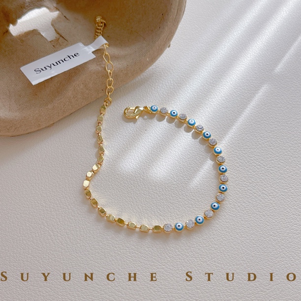 铜合金合成锆石手链 Suyunche2418绿金色蓝眼AB链拼接手链复古