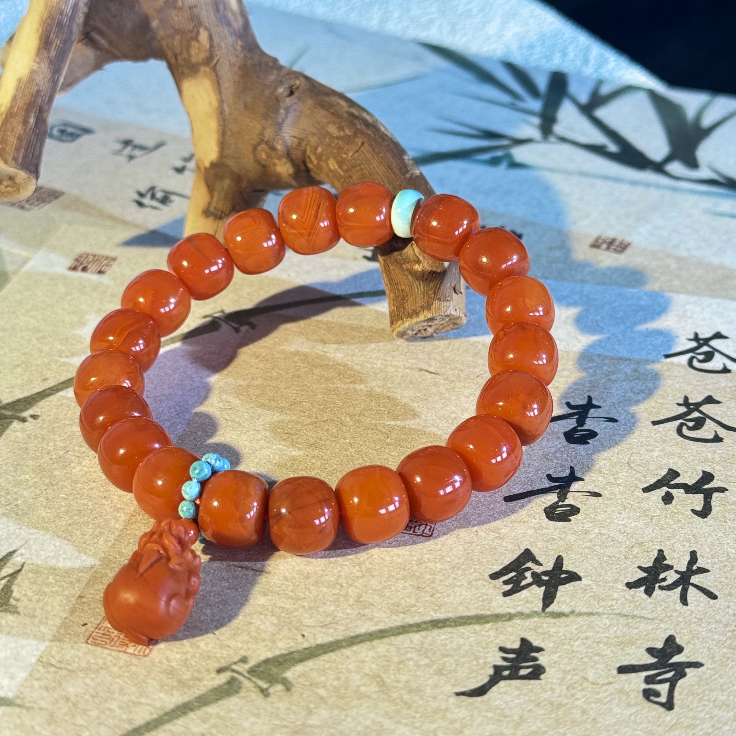 【景润】川料联合料柿子红南红玛瑙老型貔貅单圈手串 多样性发一 逸