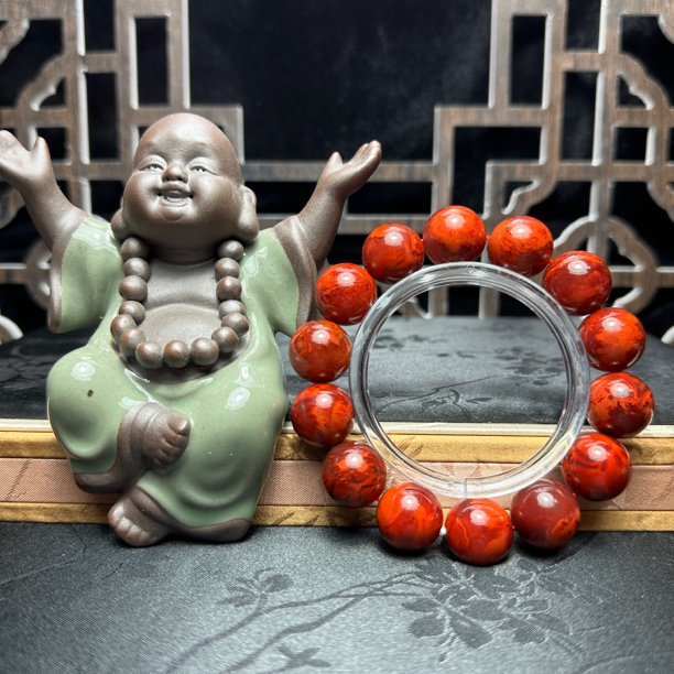 精品川料原矿天然南红柿子红火焰纹满色满肉大圆珠手串单圈素款