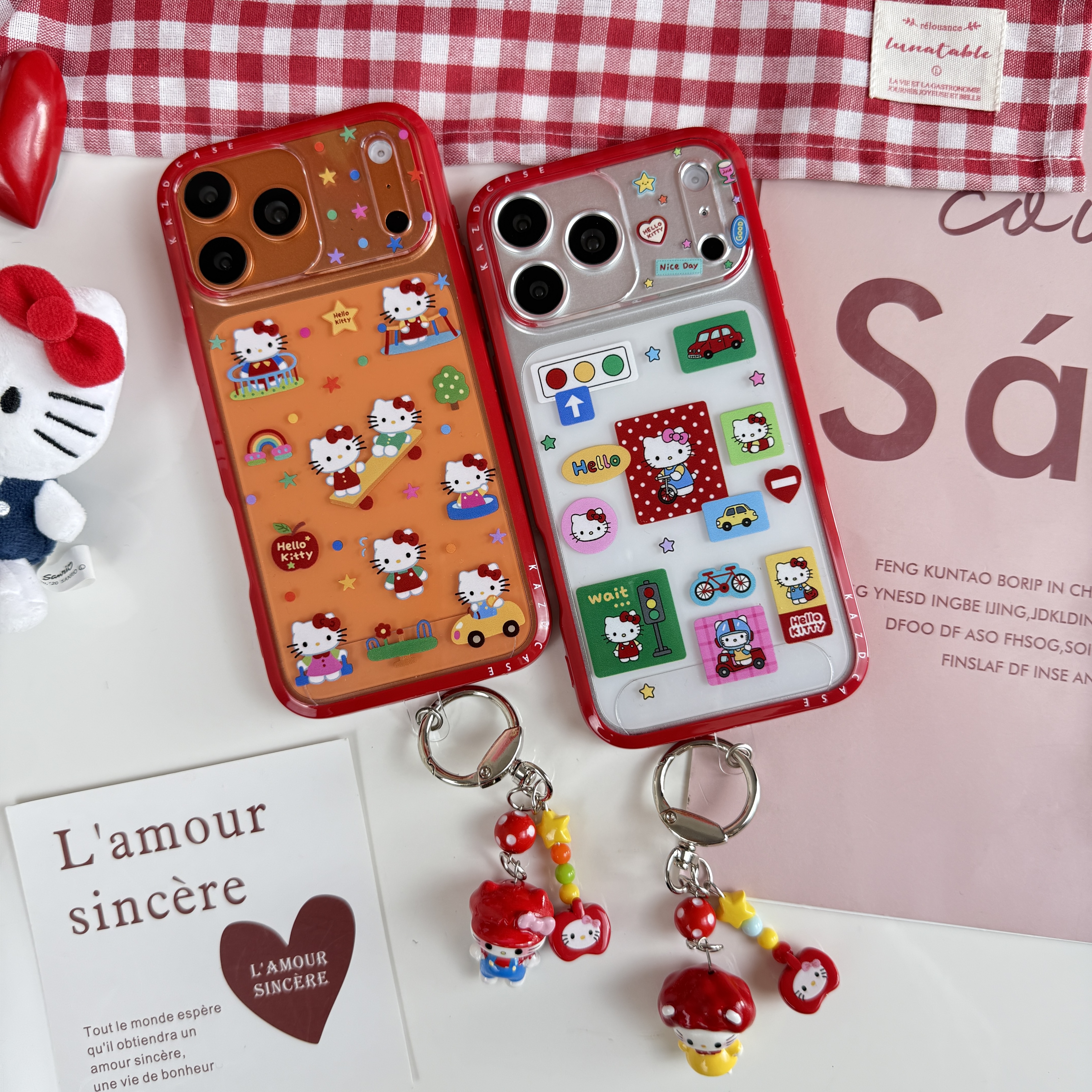 【萌】透色红边卡通可爱kitty全包手机壳适用于苹果17promax.17pro