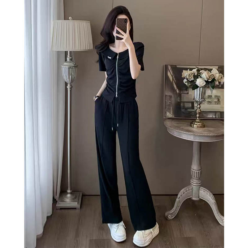 乔（女装）5729 夏季新款时髦气质显瘦一字领短袖上衣阔腿裤套装