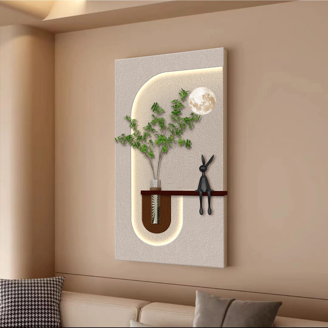 奶油风水培绿植玄关装饰画立体砂岩走廊过道挂画高级感客厅灯光画