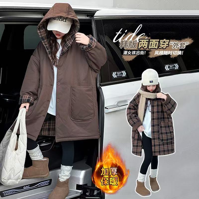 女童中大童秋冬款洋气韩版中长款连帽双面穿加厚外套