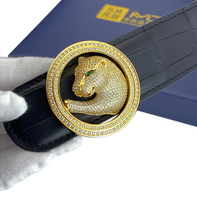 名迪优创雾面尼罗鳄鱼皮带镶钻24镀金平滑扣男士皮带豹子真皮腰带