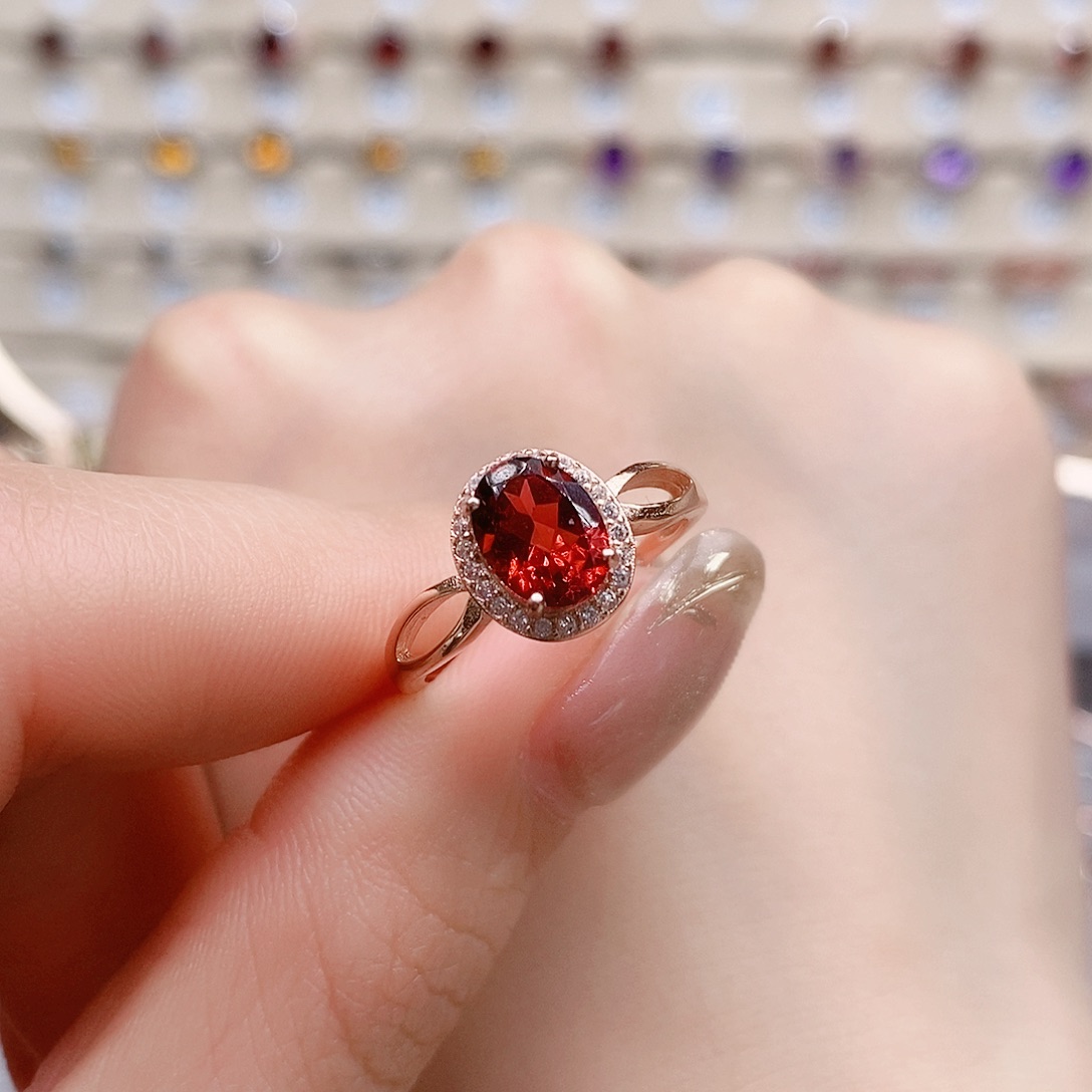 石榴石戒指银S925镶嵌戒指