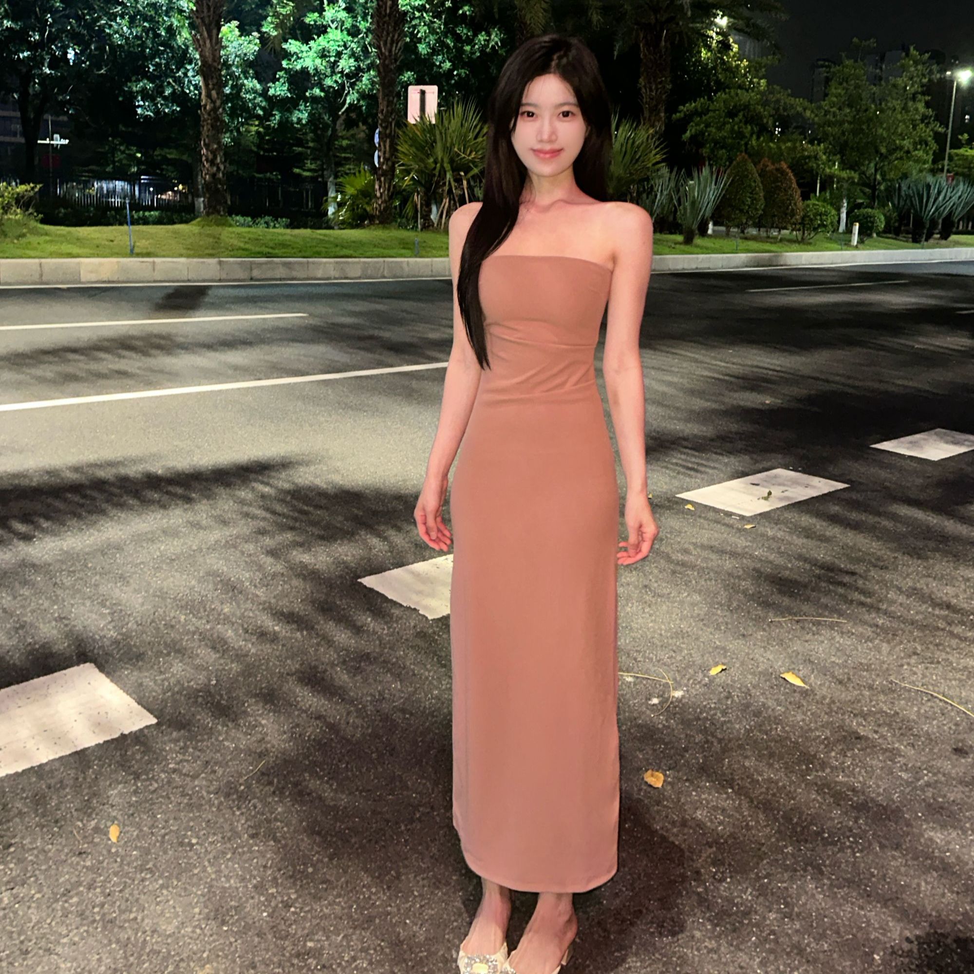 【Susu新】抹胸一字肩 纯欲赫本风名媛开叉显瘦包臀连衣裙气质