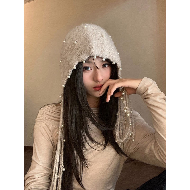 珍珠流苏大头围毛线帽包头帽女秋冬保暖防寒套头帽子显脸小针织帽