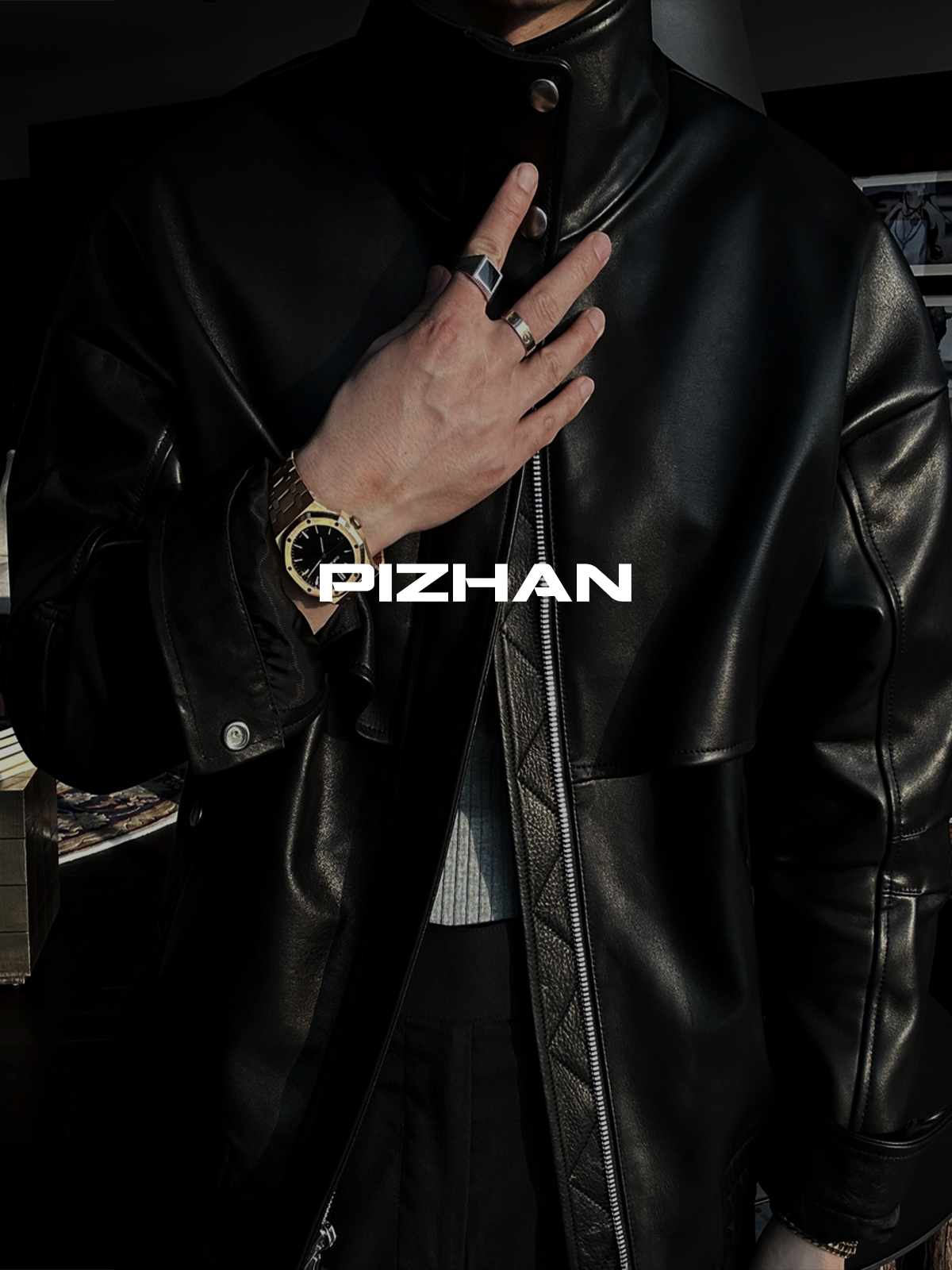 PIZHAN/皮展58011意大利“纳帕牛皮”进口小牛皮真皮皮衣夹克外套男