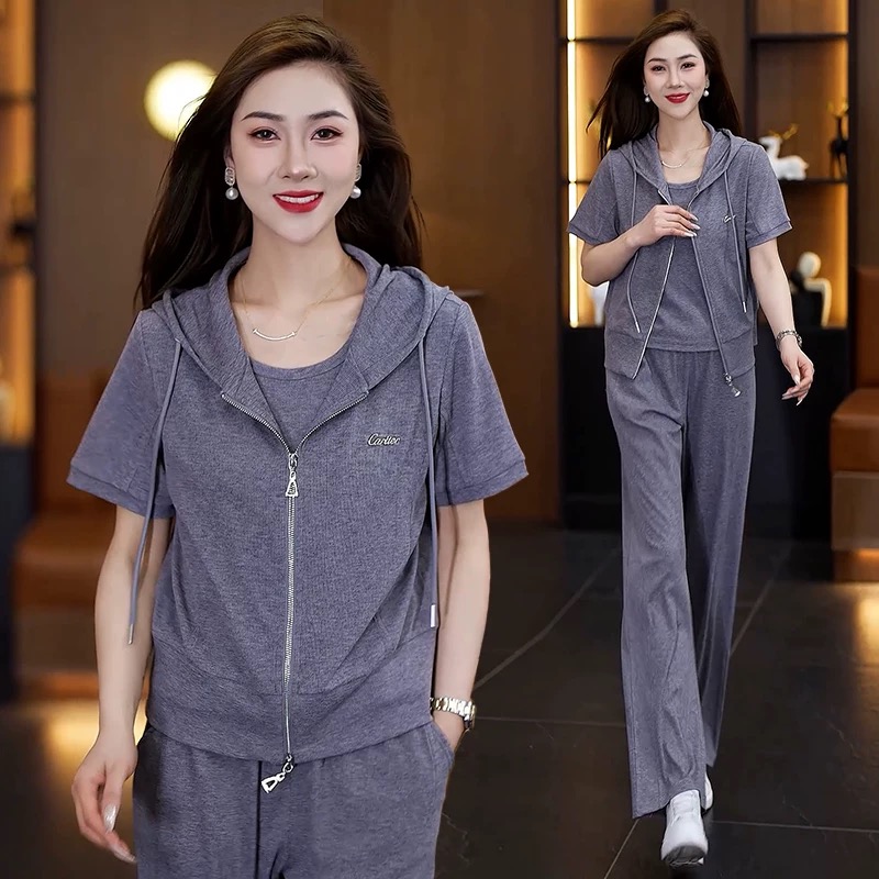 短袖休闲套装新款时尚高级感连帽开衫卫衣三件套妈妈运动服8952
