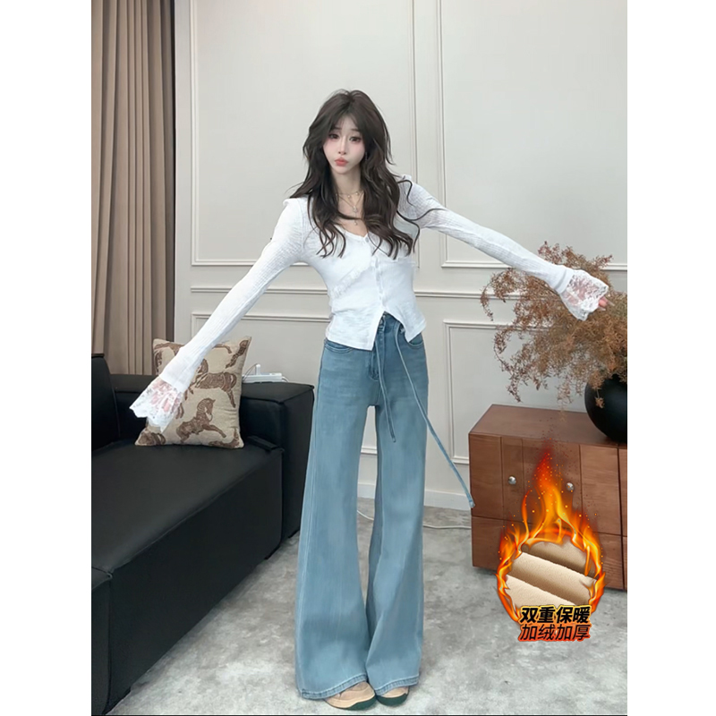 【欧若风】 韩版抽绳高腰加绒不贴腿微喇裤女2025冬款显瘦牛仔裤