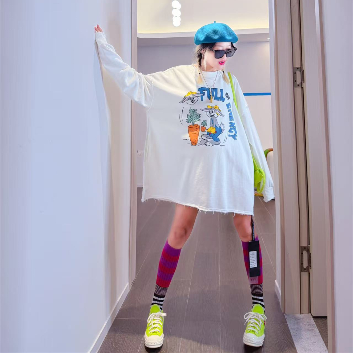 秋季大码宽松中长款潮牌长袖卡通印花卫衣女慵懒风毛圈卷边打底衫