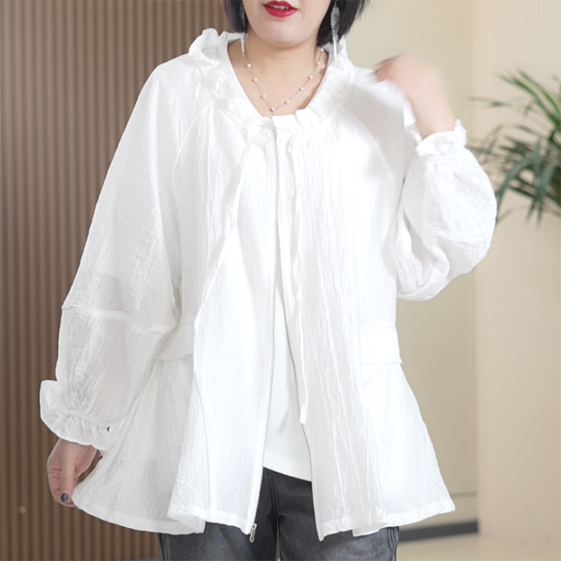 木耳边A字阔版外套女高温压褶皱皱丝棉休闲防晒服大码仙女短风衣