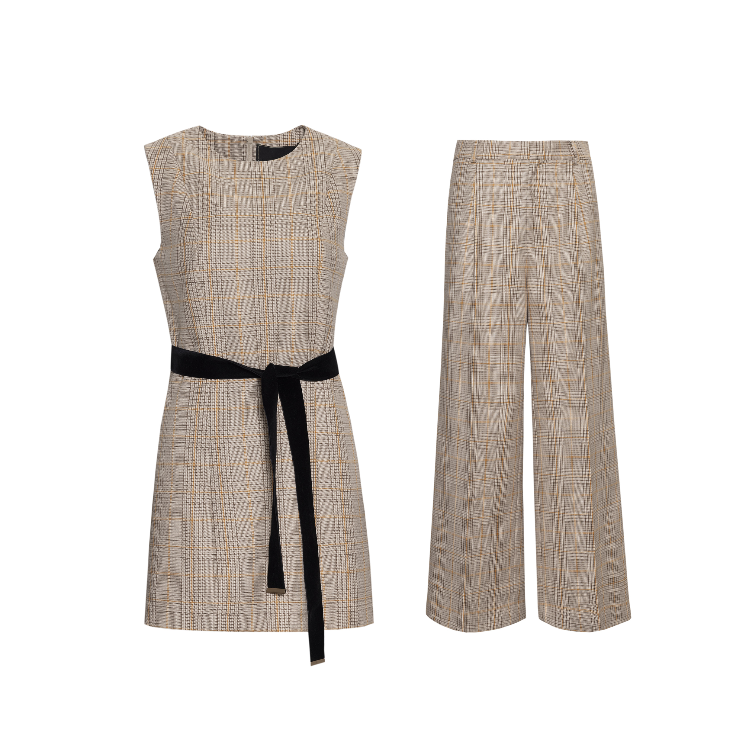 【坤姨专属】浅棕格纹无袖上衣+ 阔腿裤两件套腰带收腰气质通勤套装