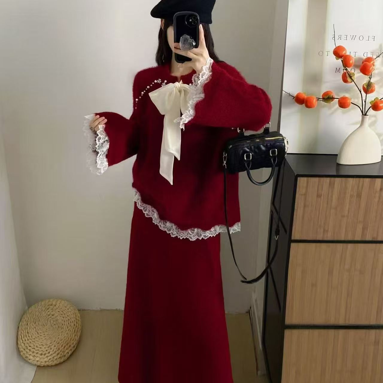 韩版绝美时尚慵懒风蝴蝶结长袖螺纹高弹宽松针织毛衣中长裙