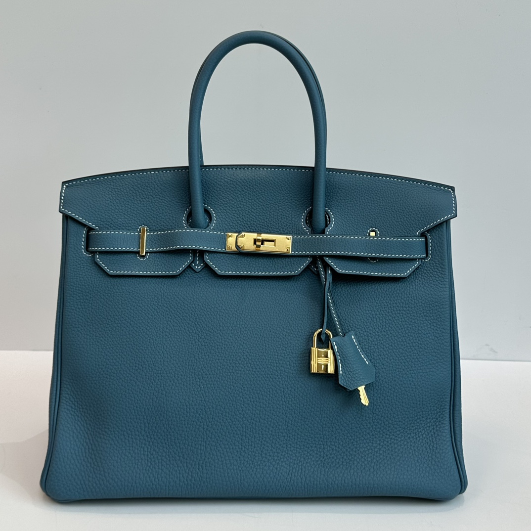 99新 Hermes/爱马仕 牛仔蓝金扣birkin35手提包 12577