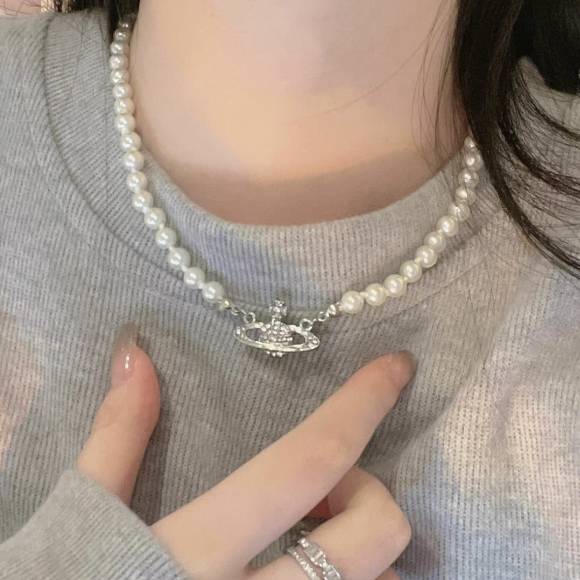 合金大理石项链 合金土星贝珠 蝴蝶结碎银子『星芒絮语』轻奢小众高