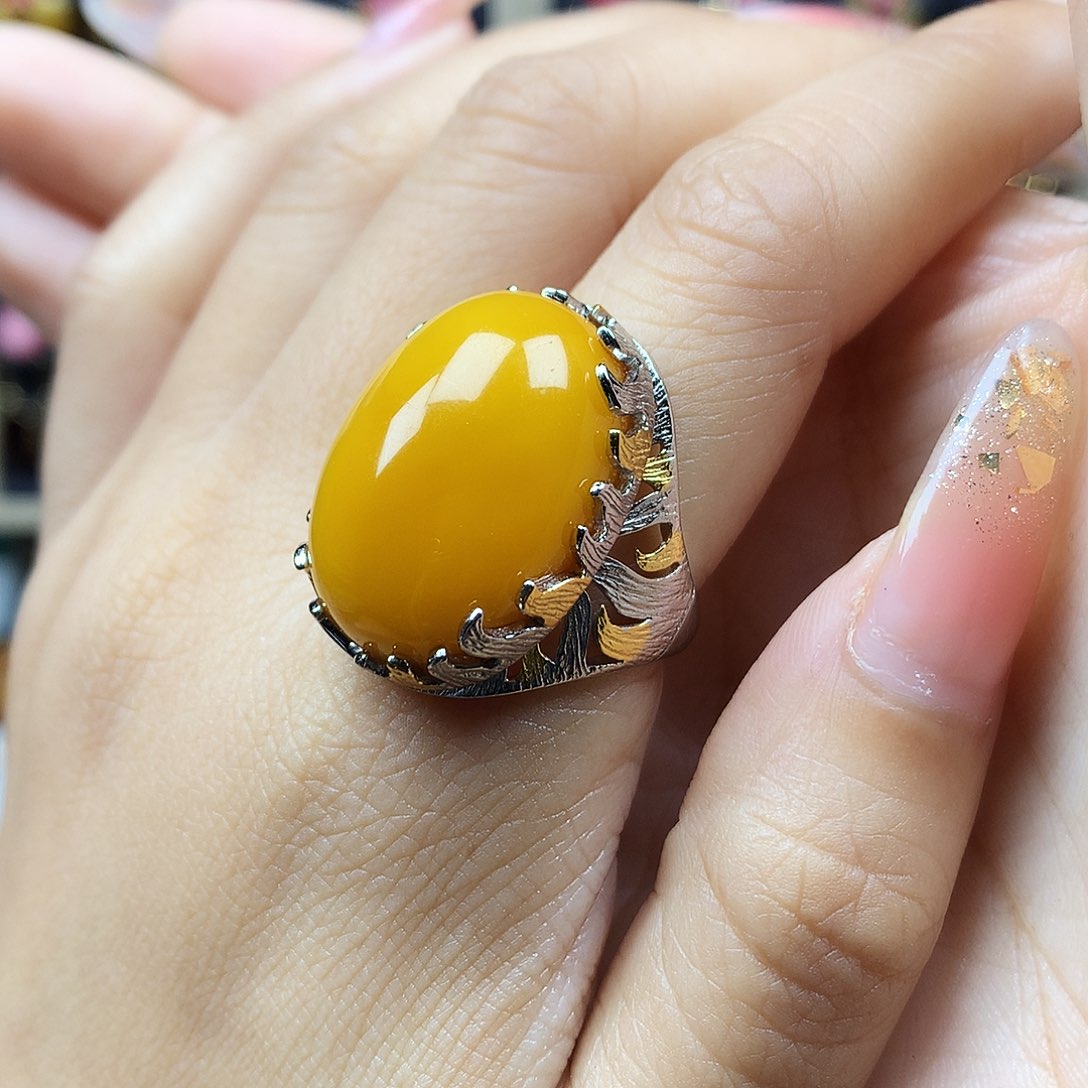 蜜蜡戒指银S925镶嵌戒指