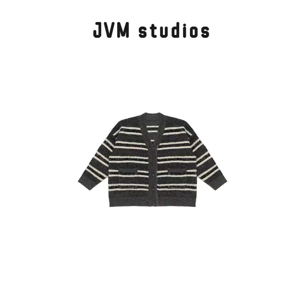 JVM秋冬款肌理针织条纹V领保暖银线细闪松弛感灰调羊毛外搭29953