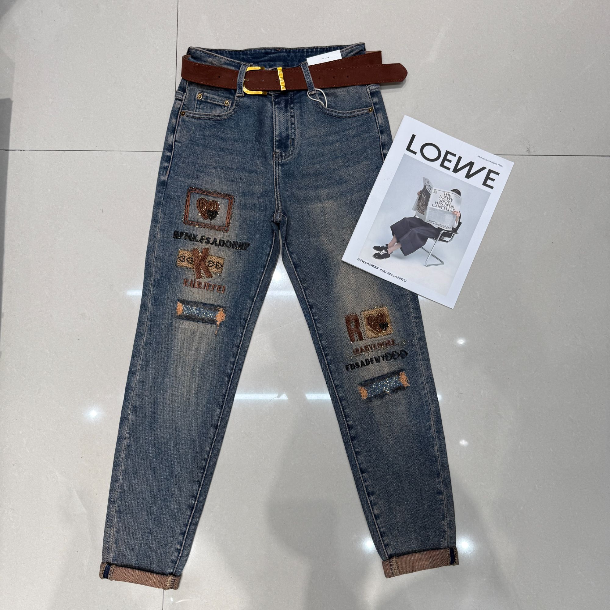 廷轩甄选96055水洗显瘦百搭时尚欧货老爹裤秋弹性烫钻刺绣牛仔裤