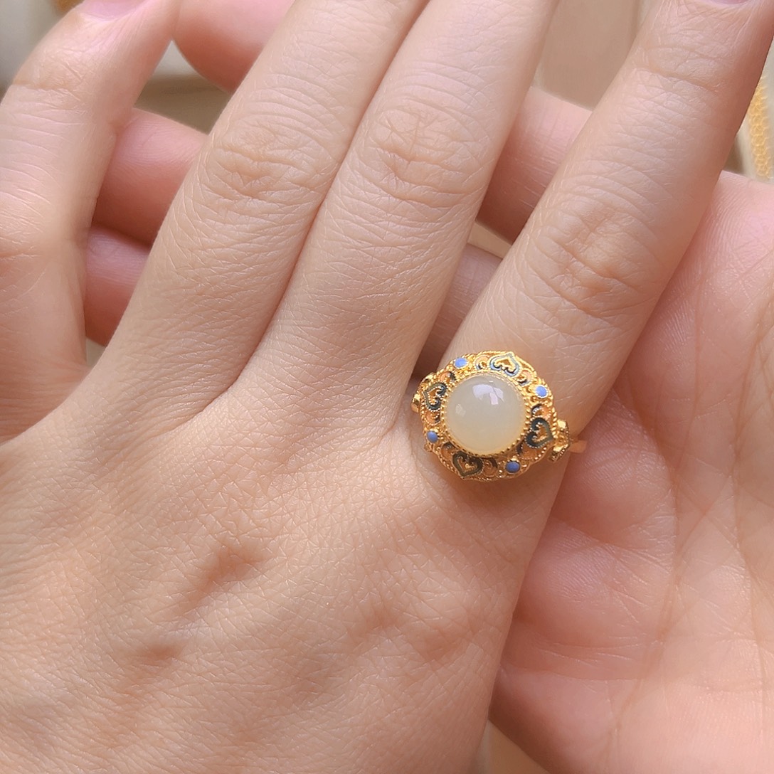 和田玉银S925镀金镶嵌戒指