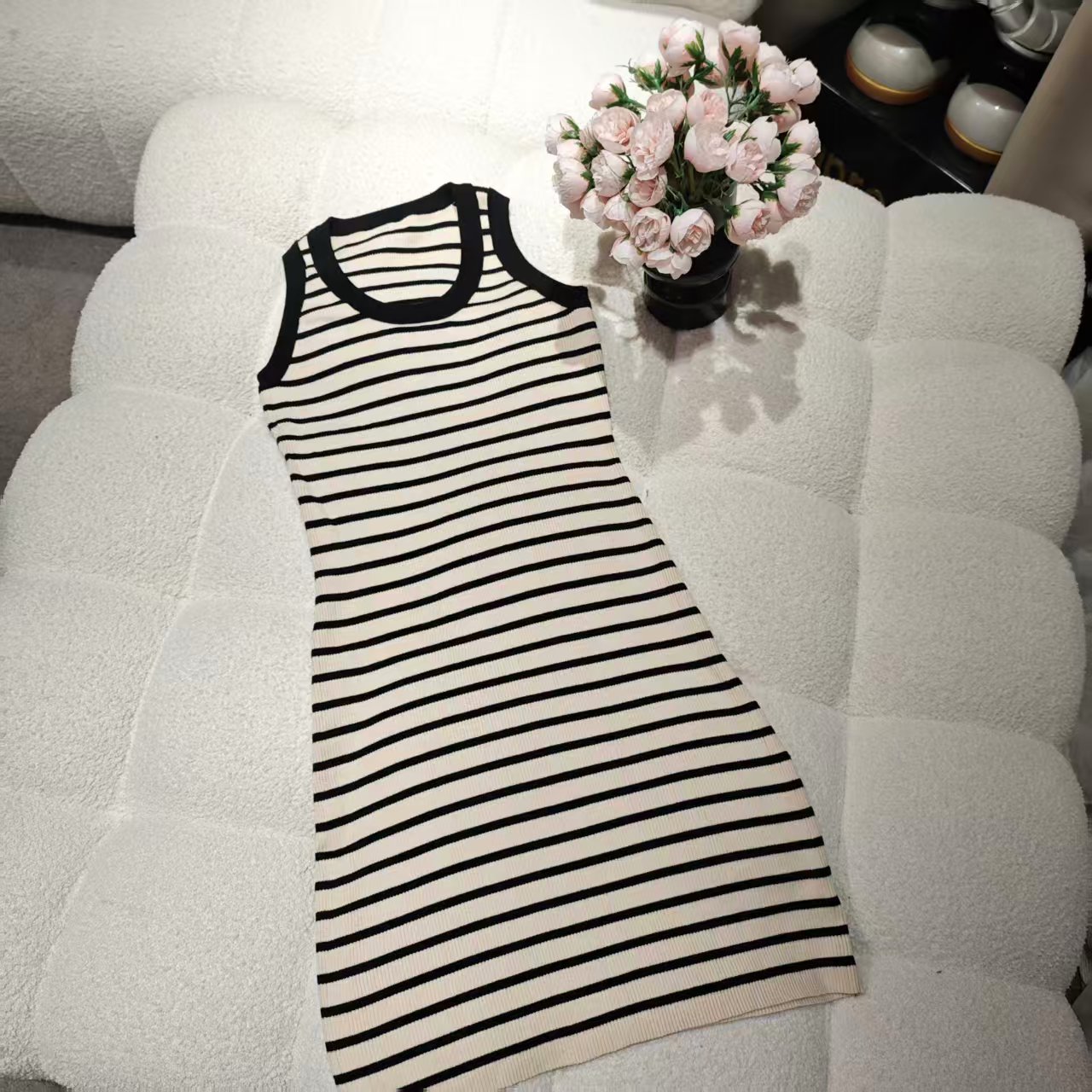 5606时尚圆领针织条纹背心裙休闲百搭连衣裙