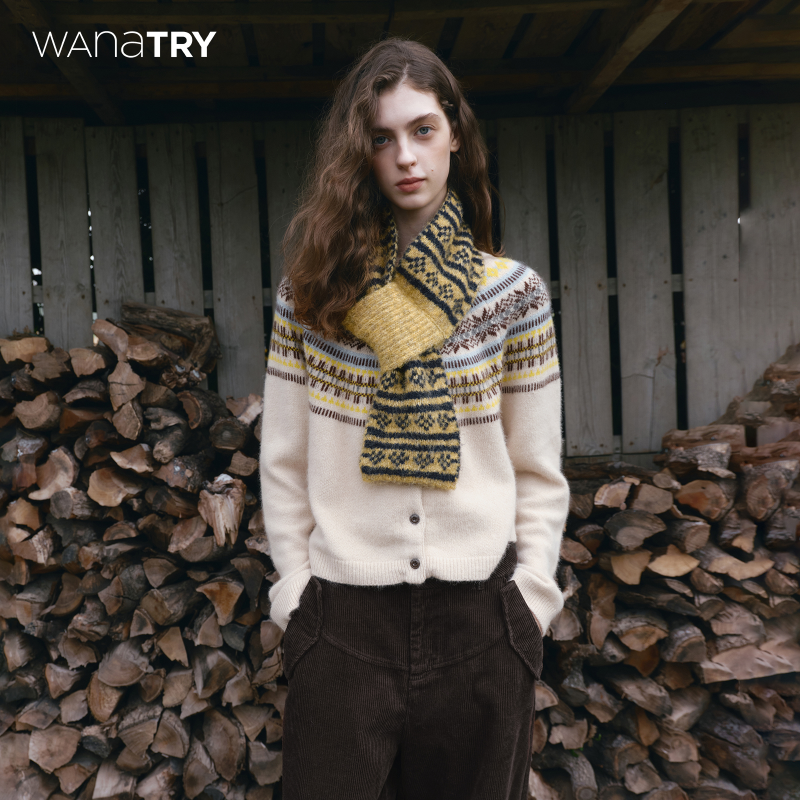 wana try 米杏色温柔感费尔岛开衫毛衣-9268【达人】