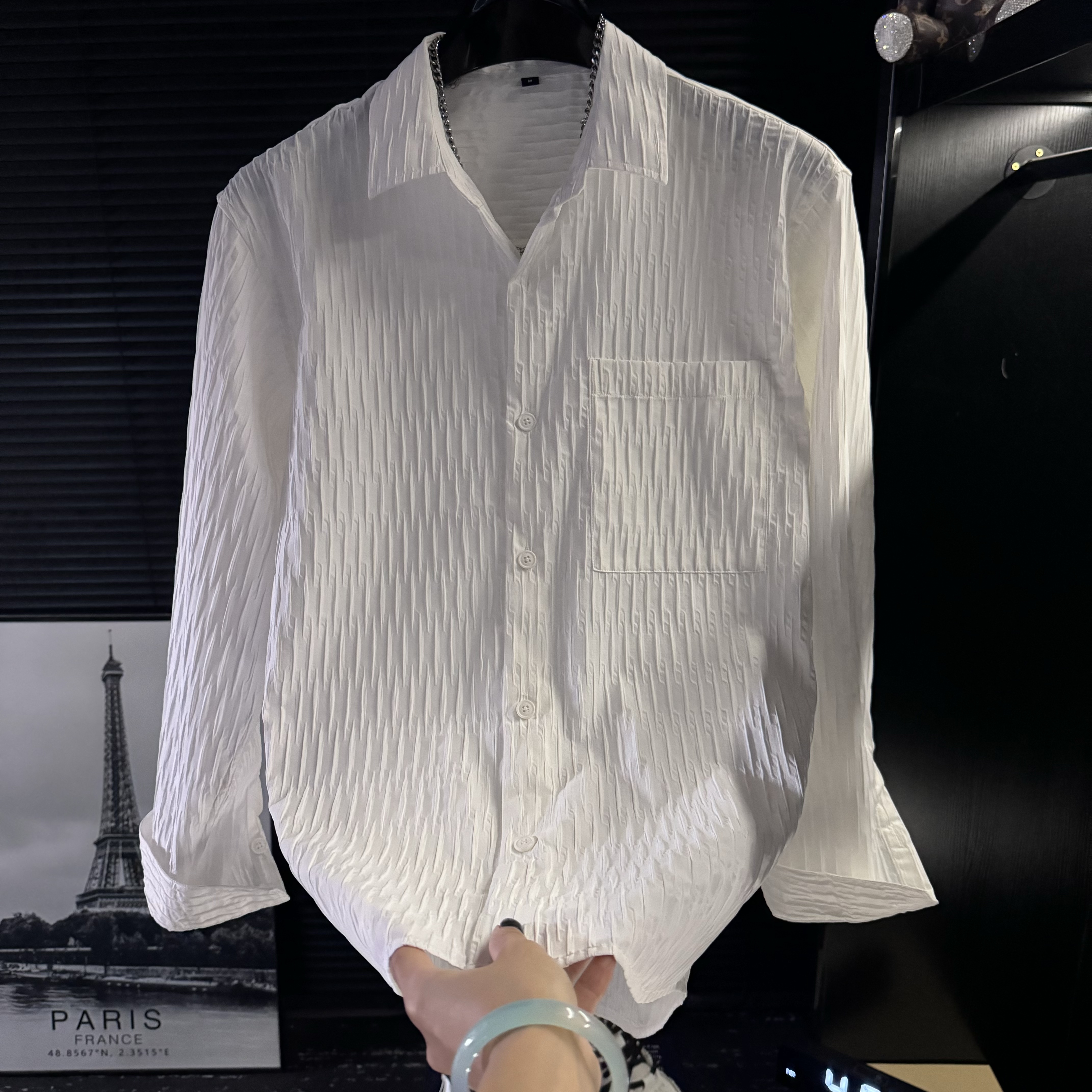 MZ-春秋男士肌理感长袖衬衫百搭休闲工装衬衣小众暗条纹小外套