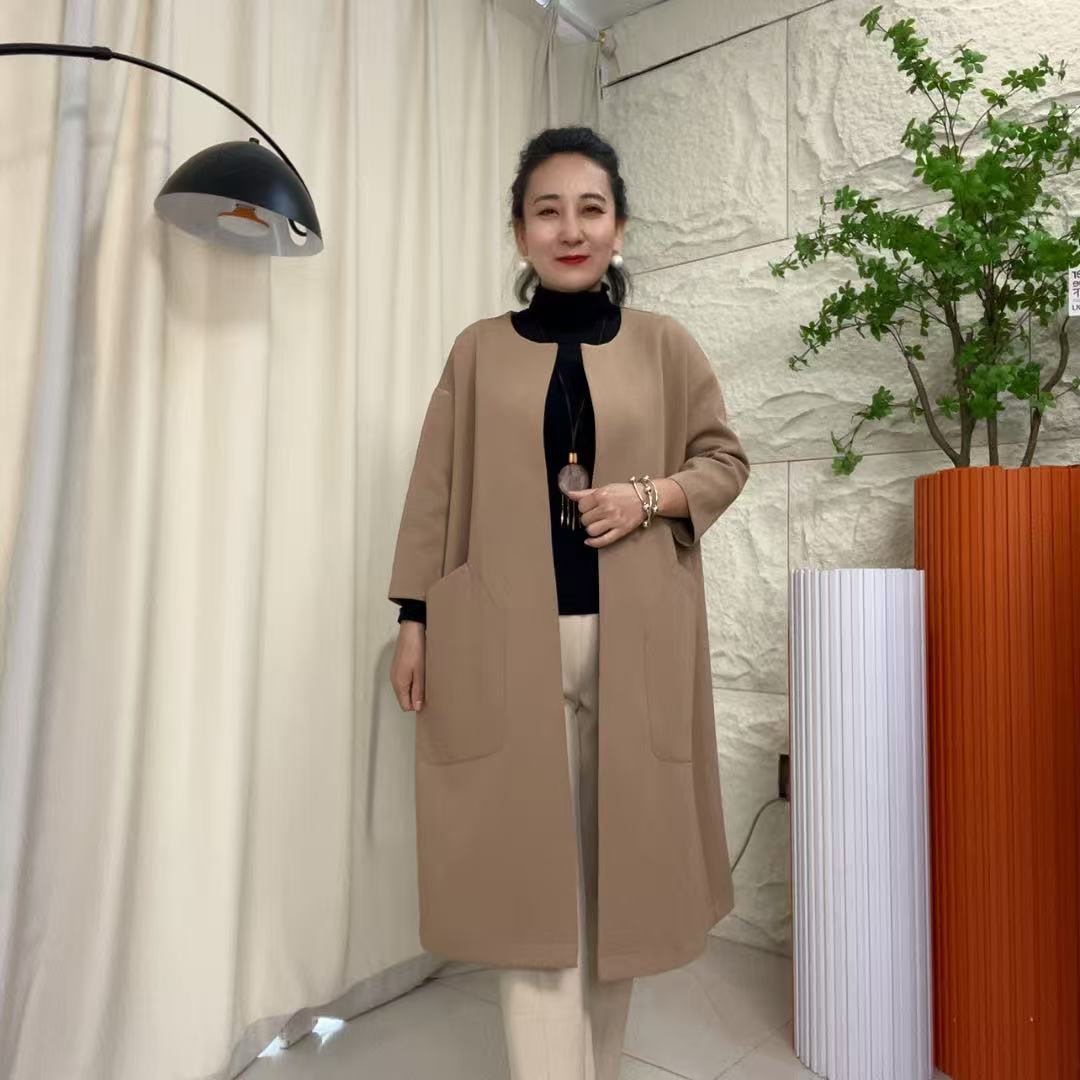 351圆领春秋女中长款长款常规款风衣外套休闲轻奢百搭