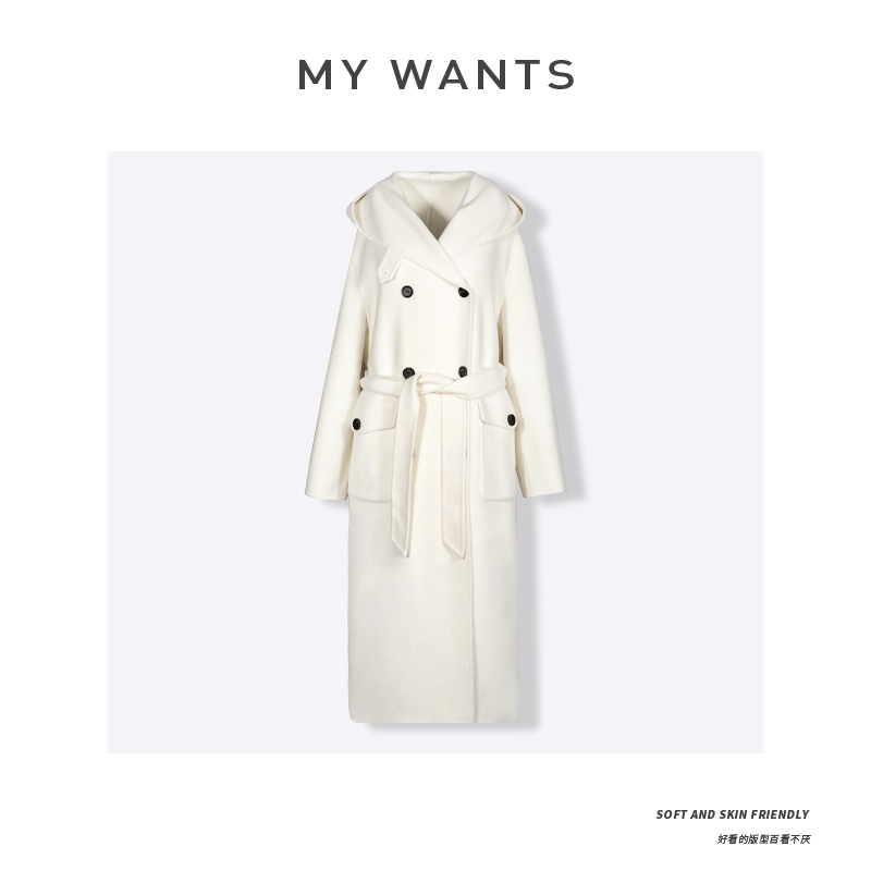 MY WANTS ‘白系’连帽女羊毛外套超细羊绒大衣女士时尚百搭DY2863
