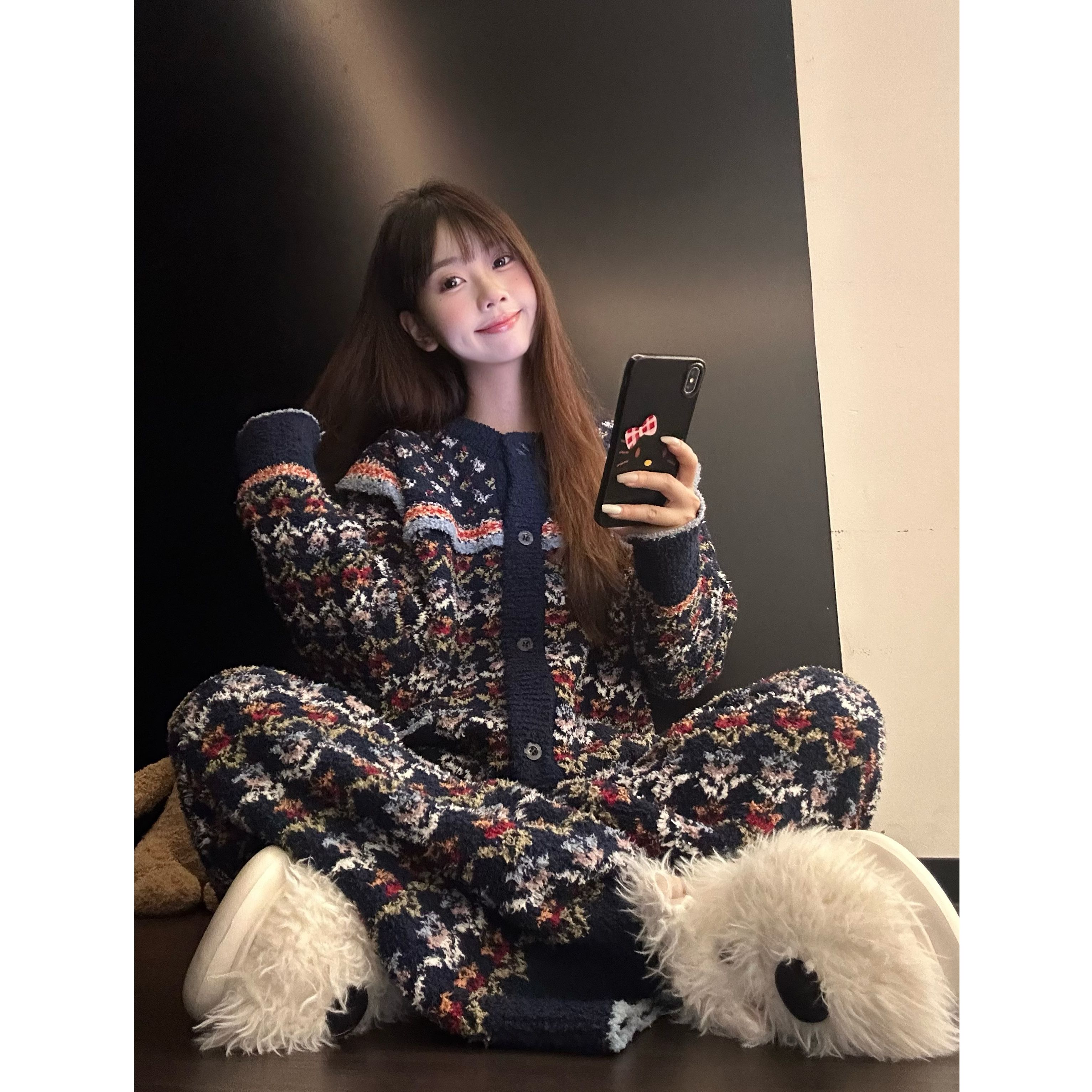 复古民族风深色半边绒睡衣女冬季大码针织套装加绒加厚保暖家居服