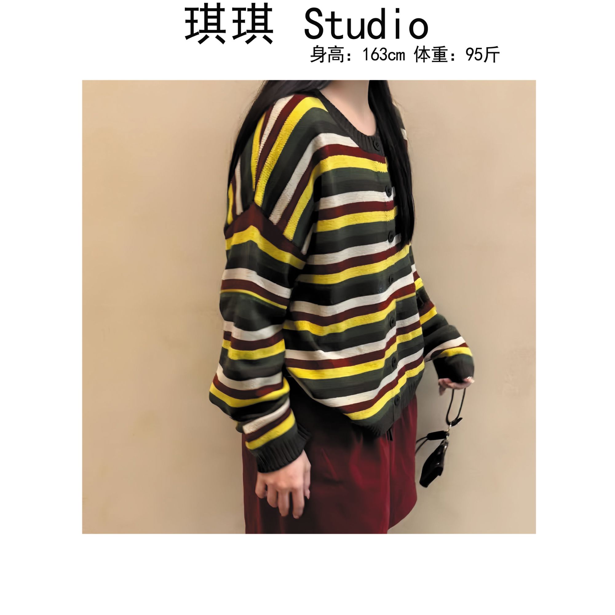 《琪琪家》秋季新款气质时尚拼色单排扣舒适减龄条纹开衫2322-CS