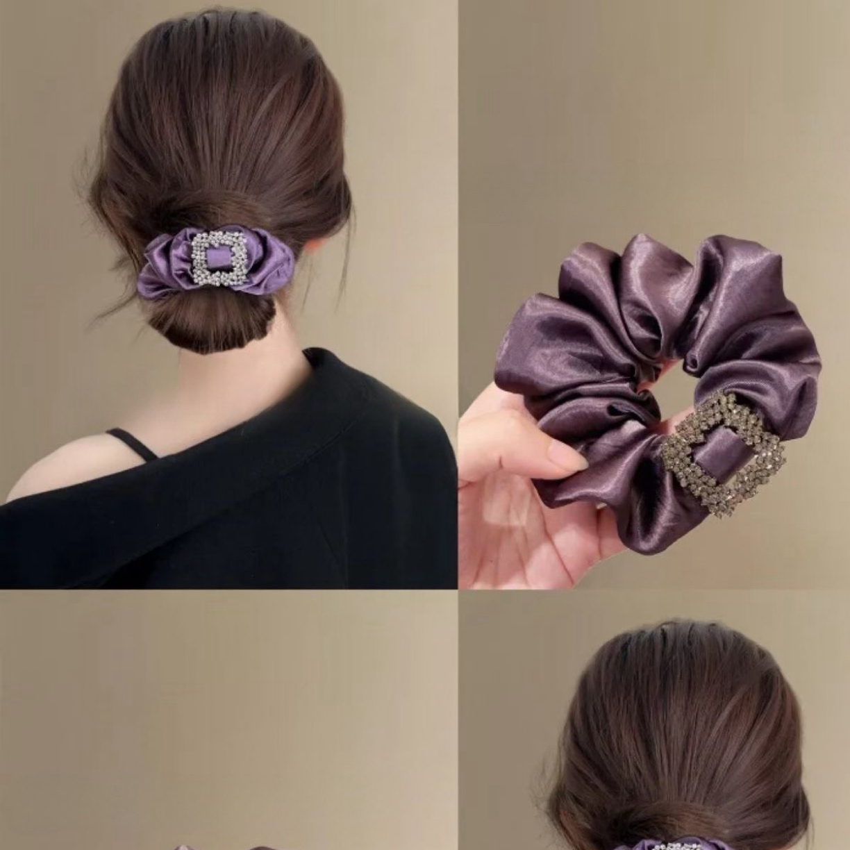 韩系新款高级感紫色缎面方形钻扣大肠发圈女发绳头饰头花发饰