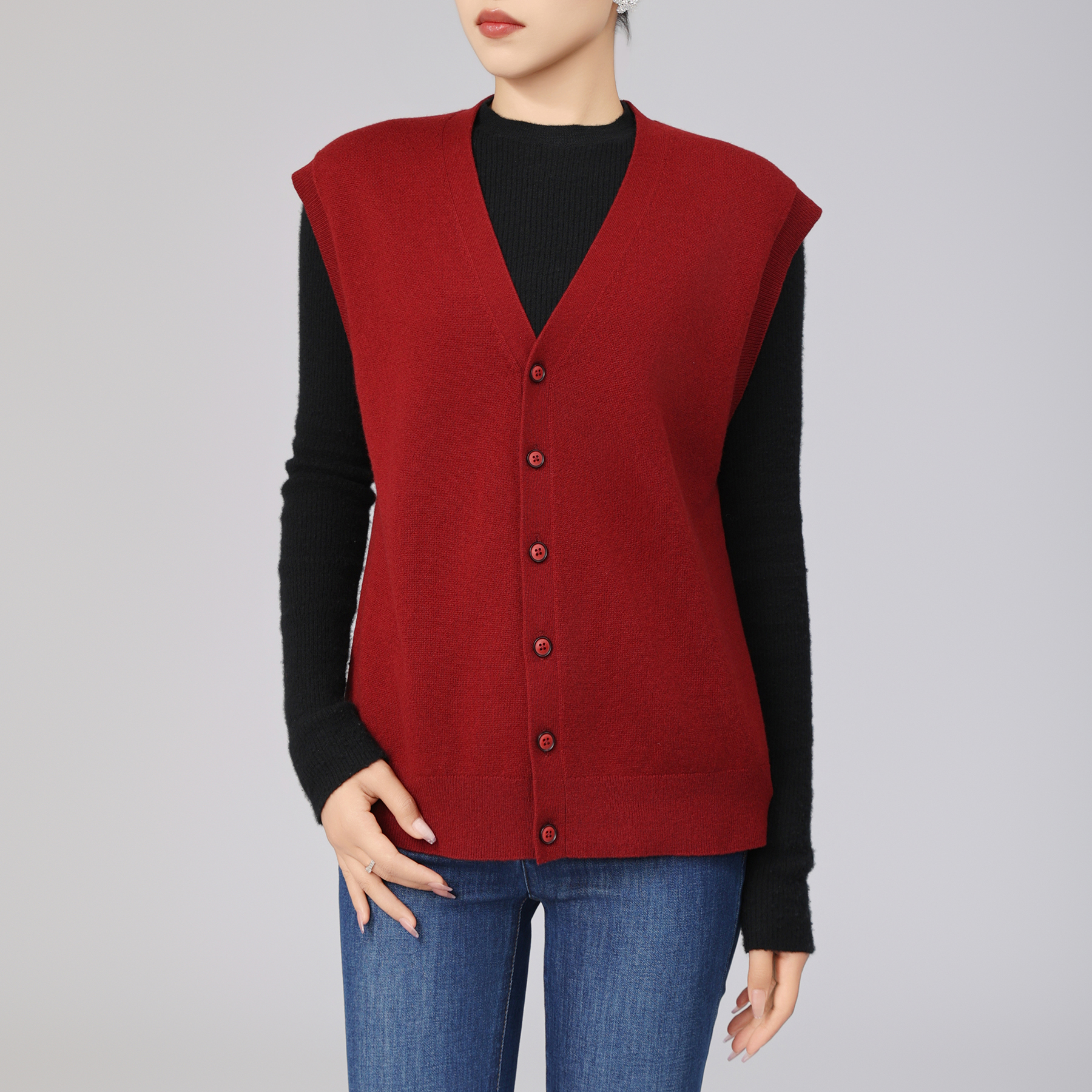 AMASS/阿玛施 新款无袖绵羊毛针织衫纯色秋冬季女士开衫5499269