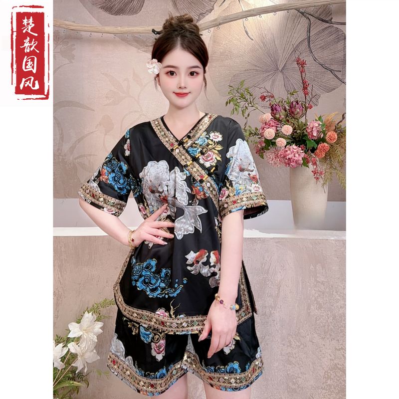 【大鱼海棠】夏季新款气质新宽松中式上衣+短裤提花圆领国风两件套