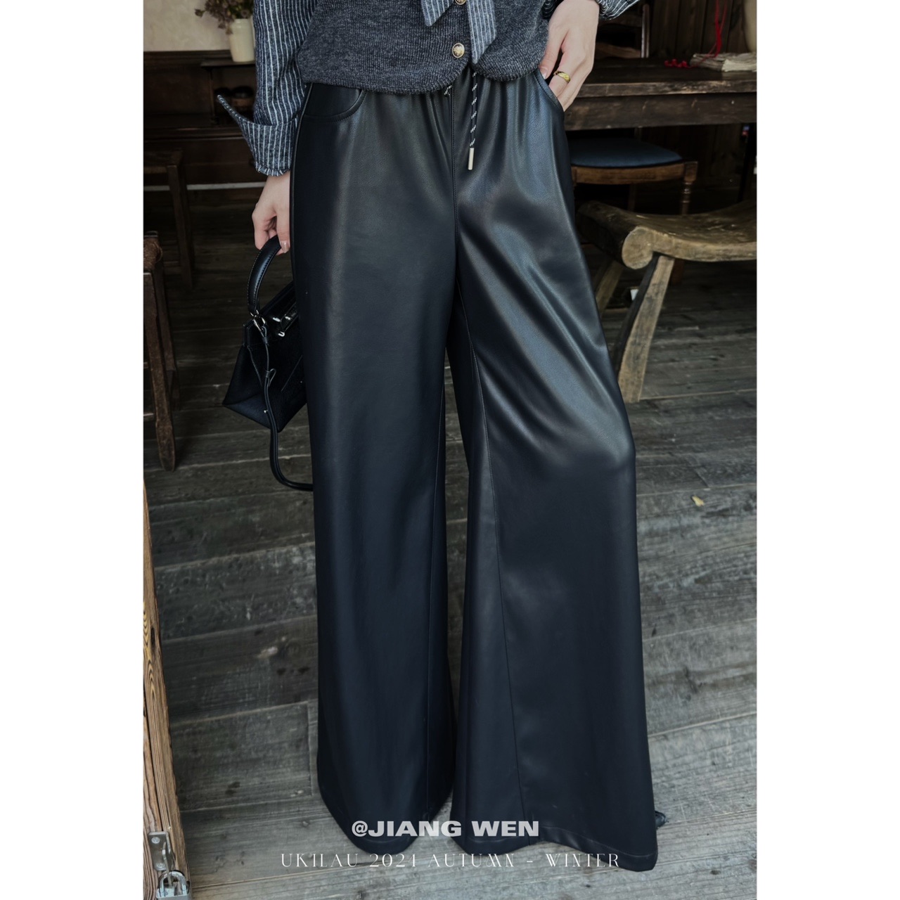 UKILAU【引力皮裤】加绒甜酷黑色皮裤复古美式PU皮直筒裤