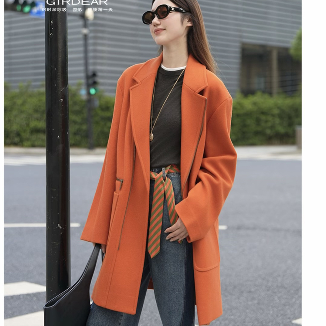 GIRDEAR/哥弟秋冬新款时尚宽松气质毛呢西装领中长款外套女140063