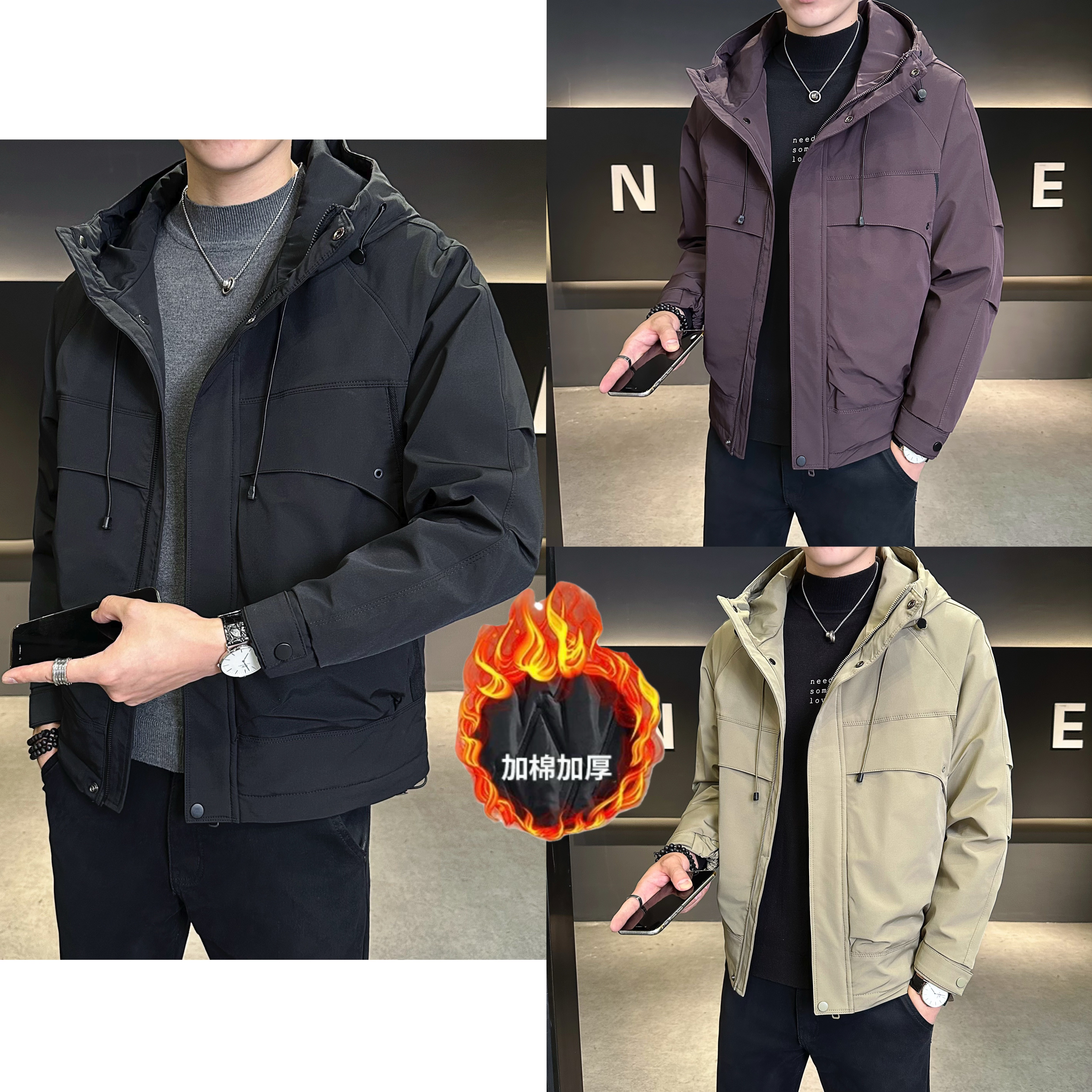 C12男士加棉外套休闲连帽加厚短款时尚潮流帅气宽松韩版秋冬