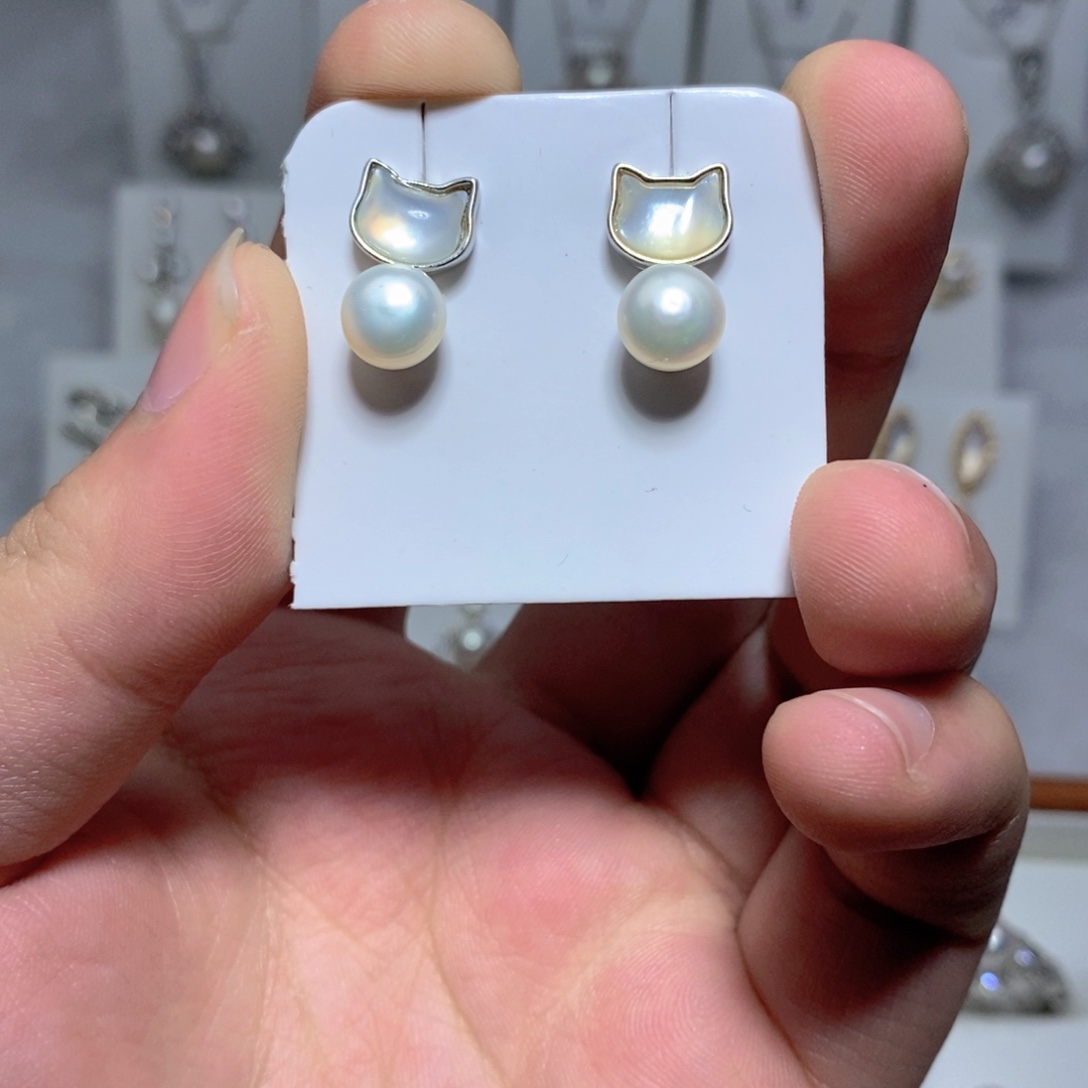 耳饰银S925镶嵌淡水珍珠