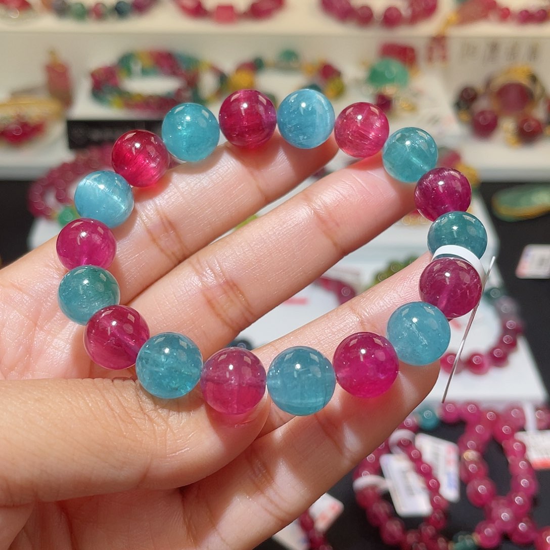 碧玺猫眼手链未镶嵌 10+mm 帕蓝色 艳桃红